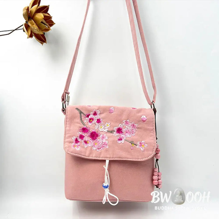 Buddha Stones Embroidered Camellia Epiphyllum Gardenia Sakura Flowers Crossbody Bag Shoulder Bag Cellphone Bag
