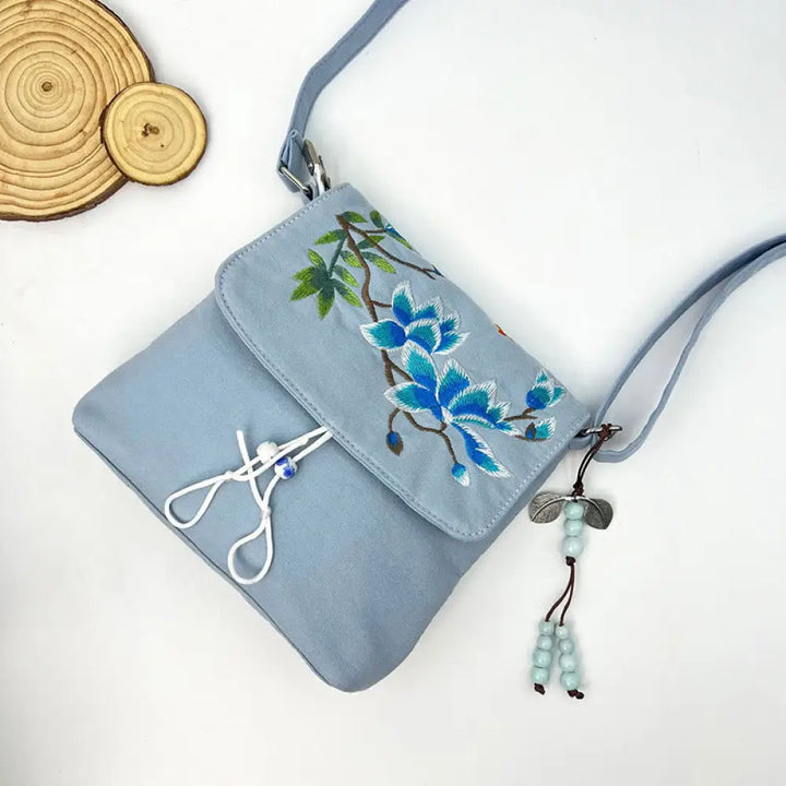 Buddha Stones Embroidered Camellia Epiphyllum Gardenia Sakura Flowers Crossbody Bag Shoulder Bag Cellphone Bag - Blue