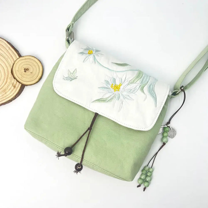 Buddha Stones Embroidered Camellia Epiphyllum Gardenia Sakura Flowers Crossbody Bag Shoulder Bag Cellphone Bag - Green