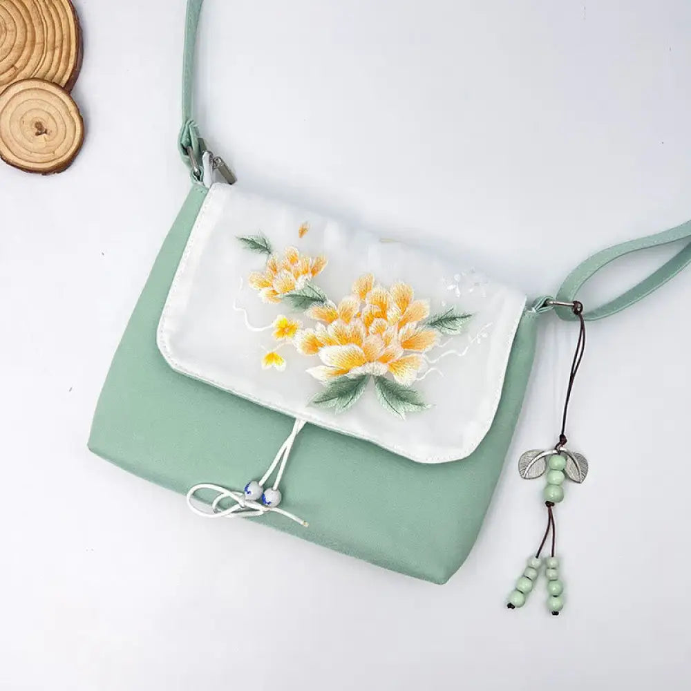 Buddha Stones Embroidered Camellia Epiphyllum Gardenia Sakura Flowers Crossbody Bag Shoulder Bag Cellphone Bag - Green