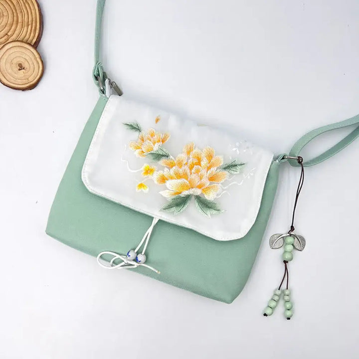 Buddha Stones Embroidered Camellia Epiphyllum Gardenia Sakura Flowers Crossbody Bag Shoulder Bag Cellphone Bag - Green