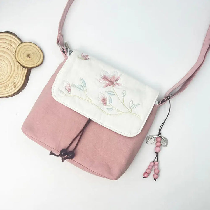 Buddha Stones Embroidered Camellia Epiphyllum Gardenia Sakura Flowers Crossbody Bag Shoulder Bag Cellphone Bag - Light