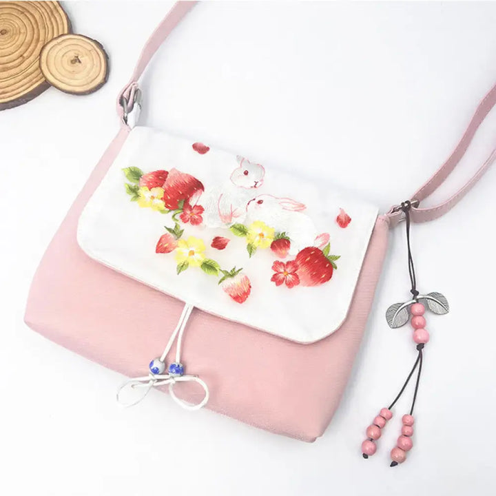 Buddha Stones Embroidered Camellia Epiphyllum Gardenia Sakura Flowers Crossbody Bag Shoulder Bag Cellphone Bag - Light
