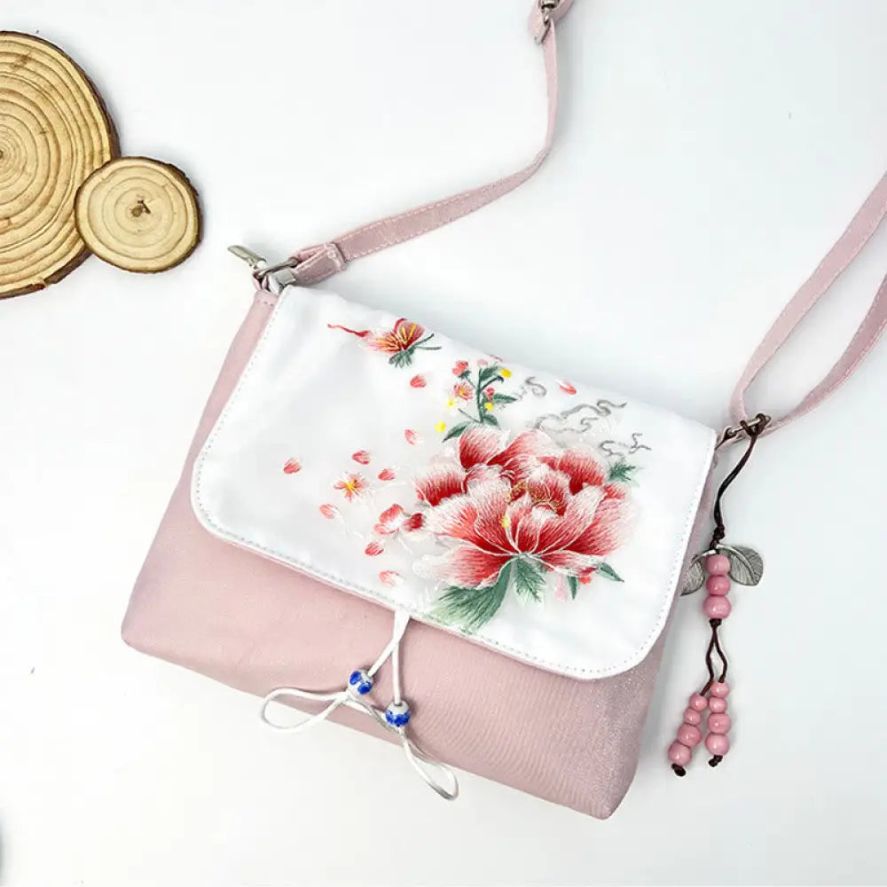 Buddha Stones Embroidered Camellia Epiphyllum Gardenia Sakura Flowers Crossbody Bag Shoulder Bag Cellphone Bag - Light