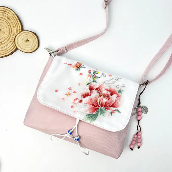 Buddha Stones Embroidered Camellia Epiphyllum Gardenia Sakura Flowers Crossbody Bag Shoulder Bag Cellphone Bag - Light