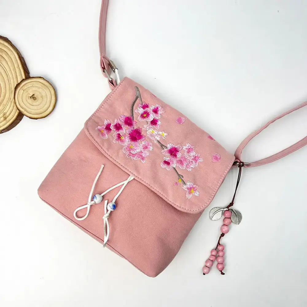 Buddha Stones Embroidered Camellia Epiphyllum Gardenia Sakura Flowers Crossbody Bag Shoulder Bag Cellphone Bag - Pink