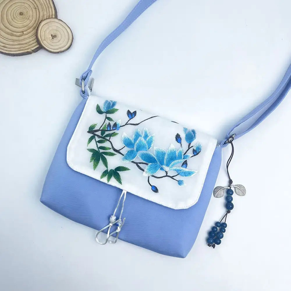 Buddha Stones Embroidered Camellia Epiphyllum Gardenia Sakura Flowers Crossbody Bag Shoulder Bag Cellphone Bag - Sky
