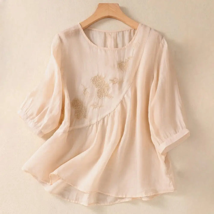 Buddha Stones Embroidered Flower Crew Neck Design Women’s Cotton Linen Half Sleeve Shirt - PapayaWhip / US4，UK/AU8，EU36