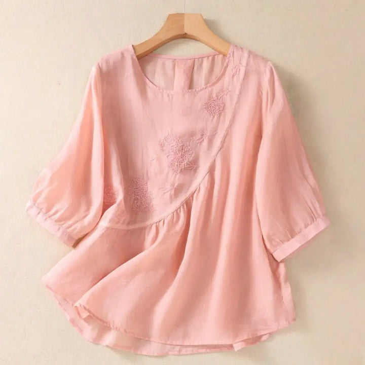 Buddha Stones Embroidered Flower Crew Neck Design Women’s Cotton Linen Half Sleeve Shirt - Pink / US4，UK/AU8，EU36 (L)