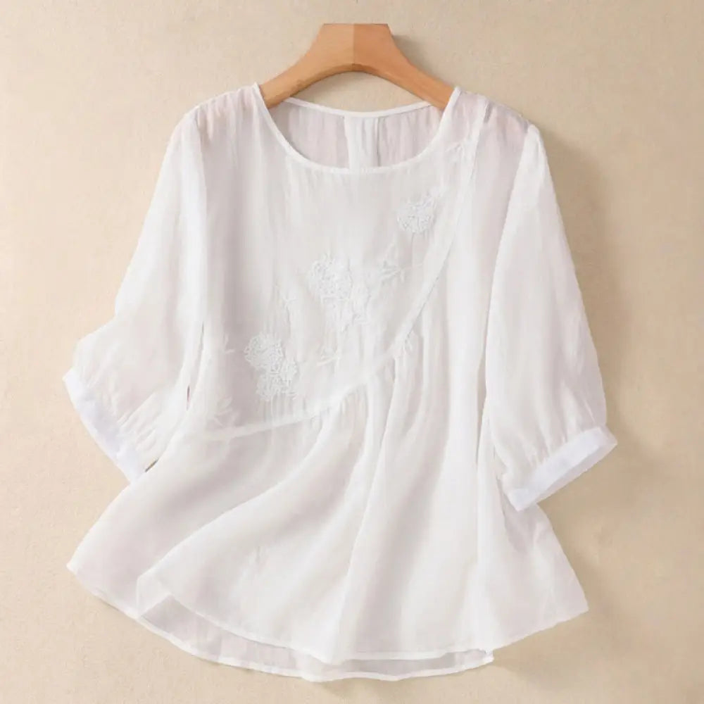 Buddha Stones Embroidered Flower Crew Neck Design Women’s Cotton Linen Half Sleeve Shirt - Snow / US4，UK/AU8，EU36 (L)