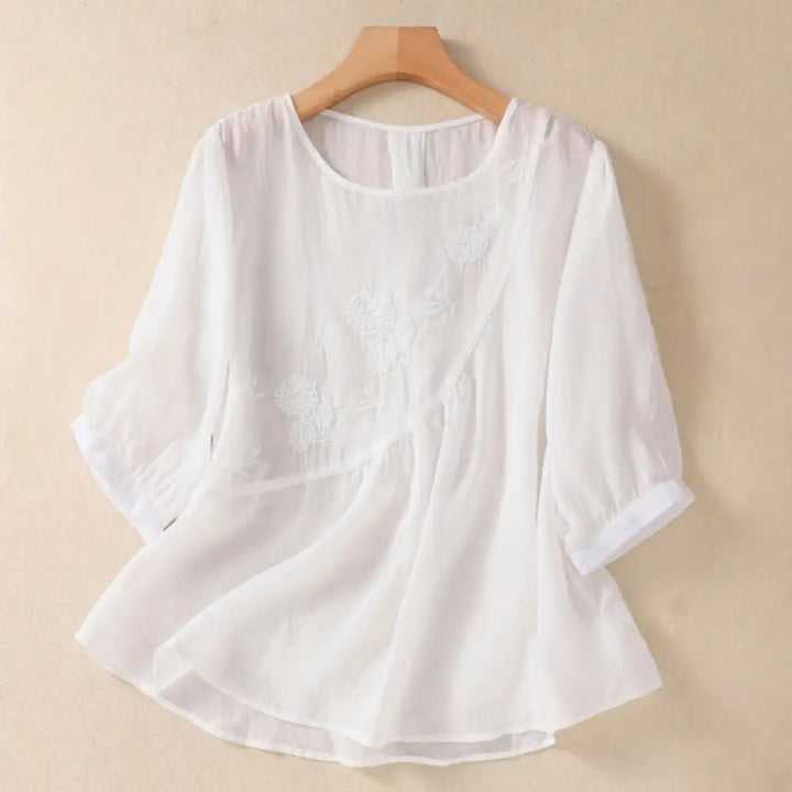 Buddha Stones Embroidered Flower Crew Neck Design Women’s Cotton Linen Half Sleeve Shirt - Snow / US4，UK/AU8，EU36 (L)