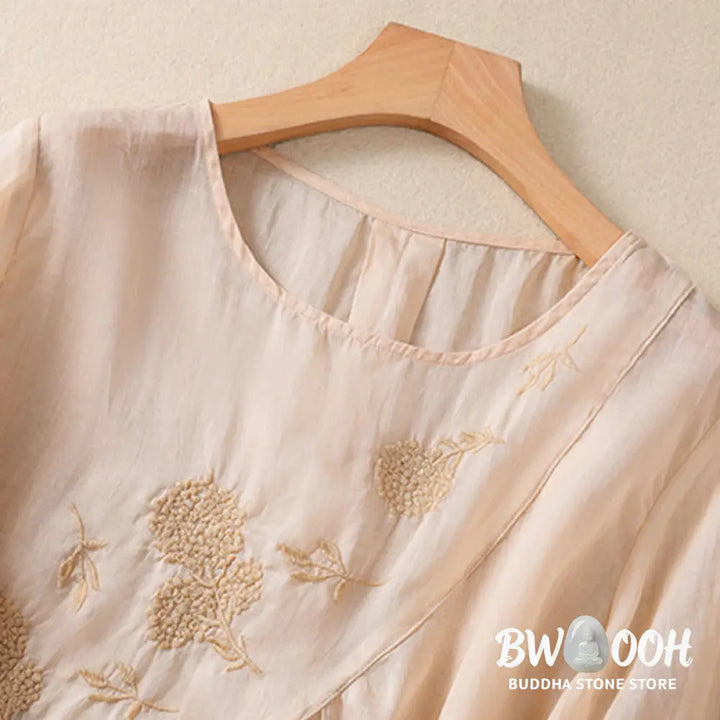 Buddha Stones Embroidered Flower Crew Neck Design Women’s Cotton Linen Half Sleeve Shirt - Women’s T-Shirts