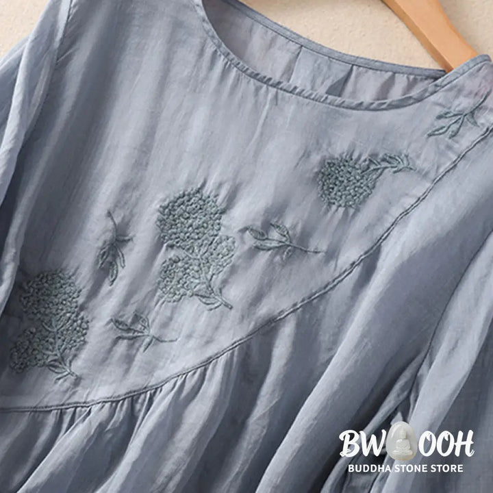 Buddha Stones Embroidered Flower Crew Neck Design Women’s Cotton Linen Half Sleeve Shirt - Women’s T-Shirts