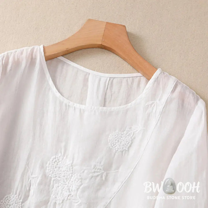 Buddha Stones Embroidered Flower Crew Neck Design Women’s Cotton Linen Half Sleeve Shirt - Women’s T-Shirts