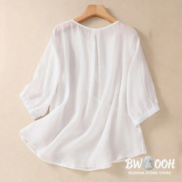 Buddha Stones Embroidered Flower Crew Neck Design Women’s Cotton Linen Half Sleeve Shirt - Women’s T-Shirts
