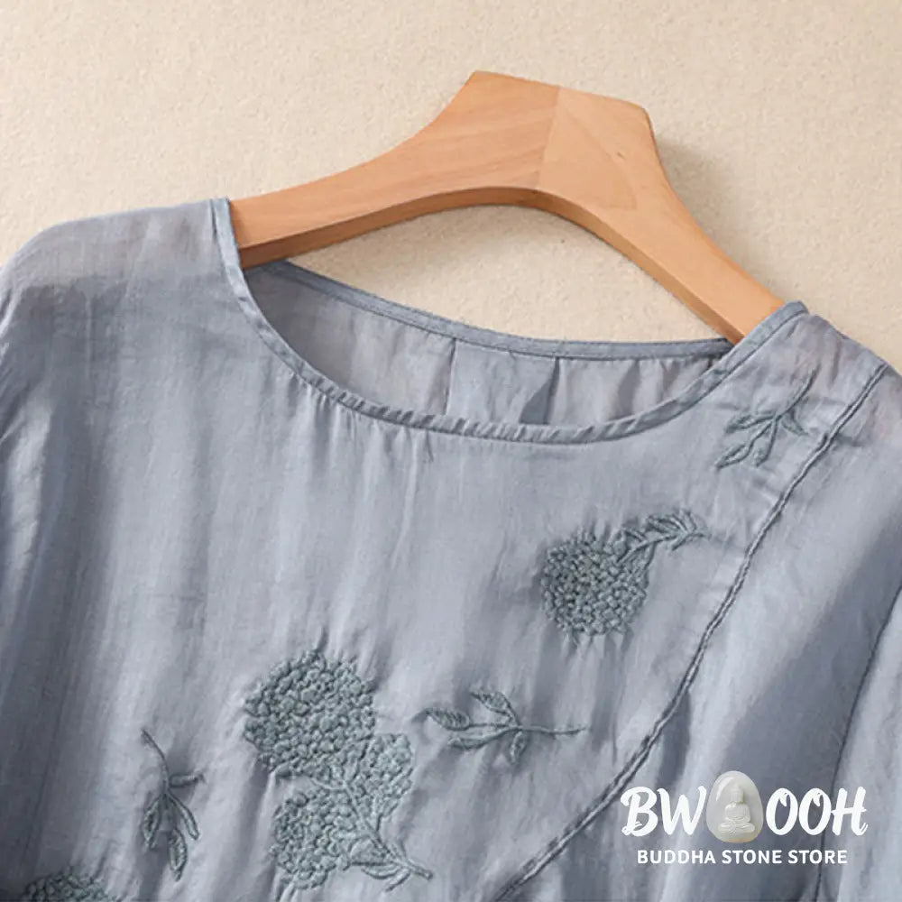 Buddha Stones Embroidered Flower Crew Neck Design Women’s Cotton Linen Half Sleeve Shirt - Women’s T-Shirts