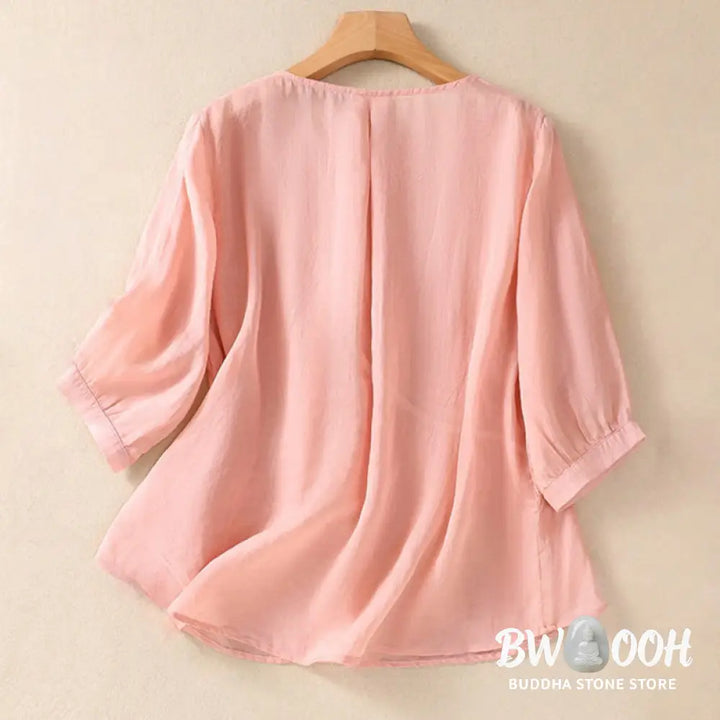 Buddha Stones Embroidered Flower Crew Neck Design Women’s Cotton Linen Half Sleeve Shirt - Women’s T-Shirts