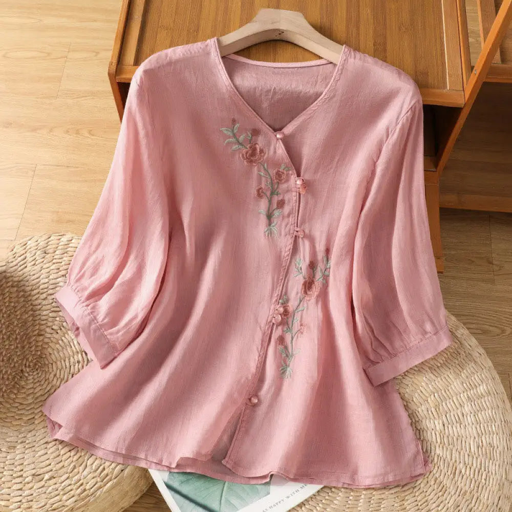 Buddha Stones Embroidered Flowers Cotton Women’s V-neck Shirt - LightPink / US4，UK/AU8，EU36 (M) - Women’s Shirts