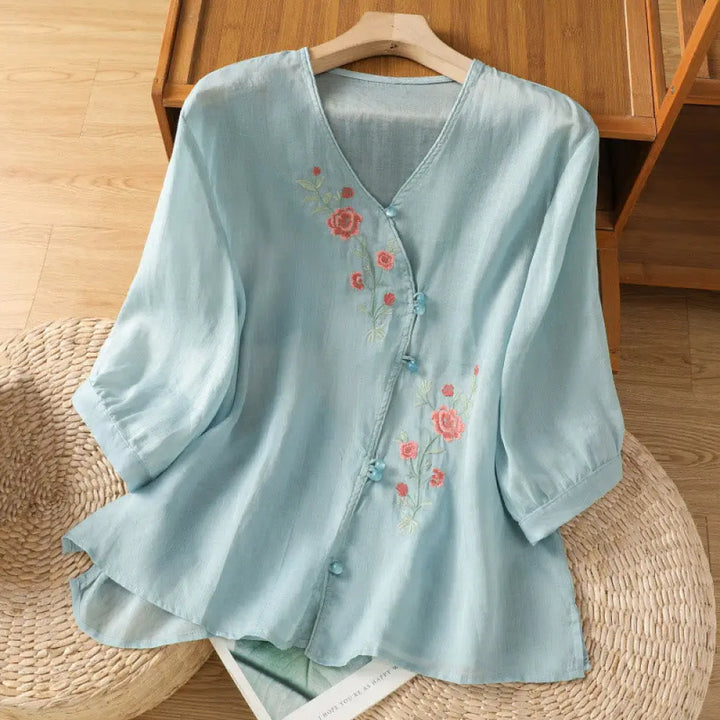 Buddha Stones Embroidered Flowers Cotton Women’s V-neck Shirt - LightSkyBlue / US4，UK/AU8，EU36 (M) - Women’s Shirts