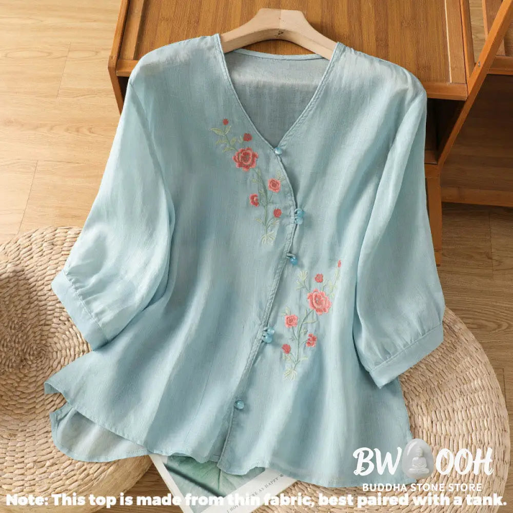 Buddha Stones Embroidered Flowers Cotton Women’s V-neck Shirt - Women’s Shirts