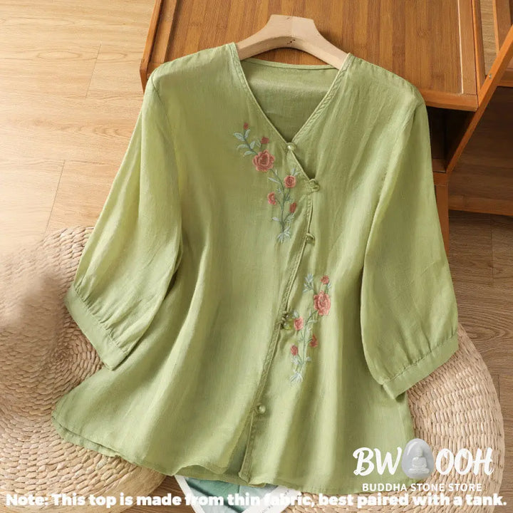 Buddha Stones Embroidered Flowers Cotton Women’s V-neck Shirt - Women’s Shirts
