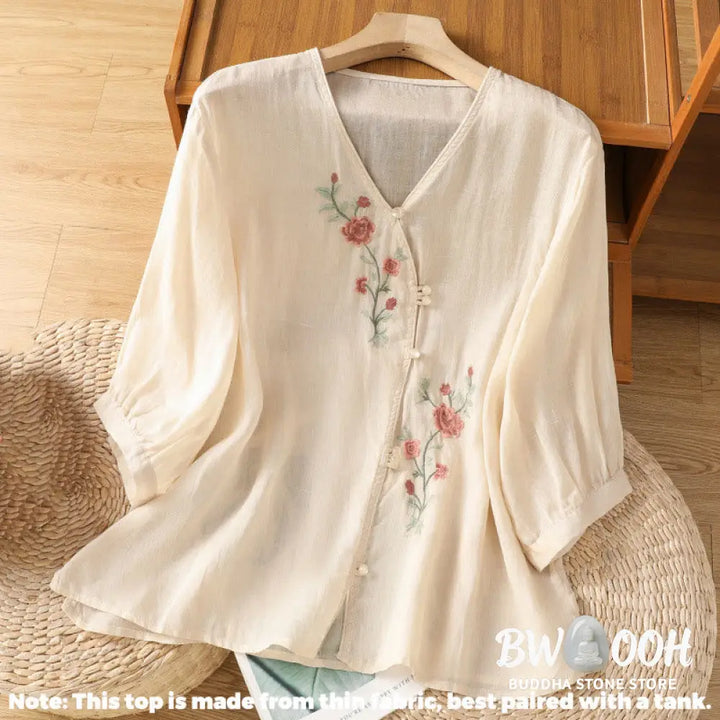 Buddha Stones Embroidered Flowers Cotton Women’s V-neck Shirt - Women’s Shirts