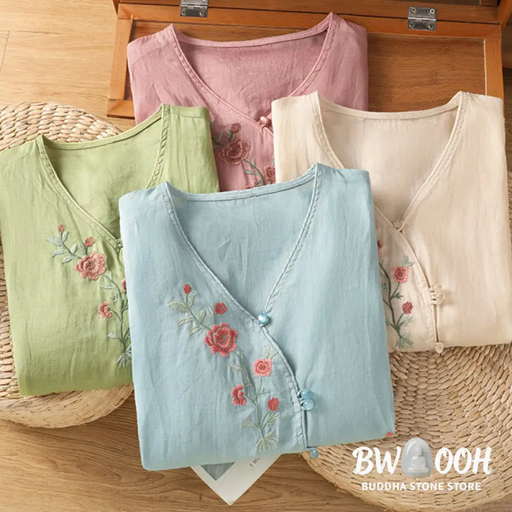 Buddha Stones Embroidered Flowers Cotton Women’s V-neck Shirt - Women’s Shirts
