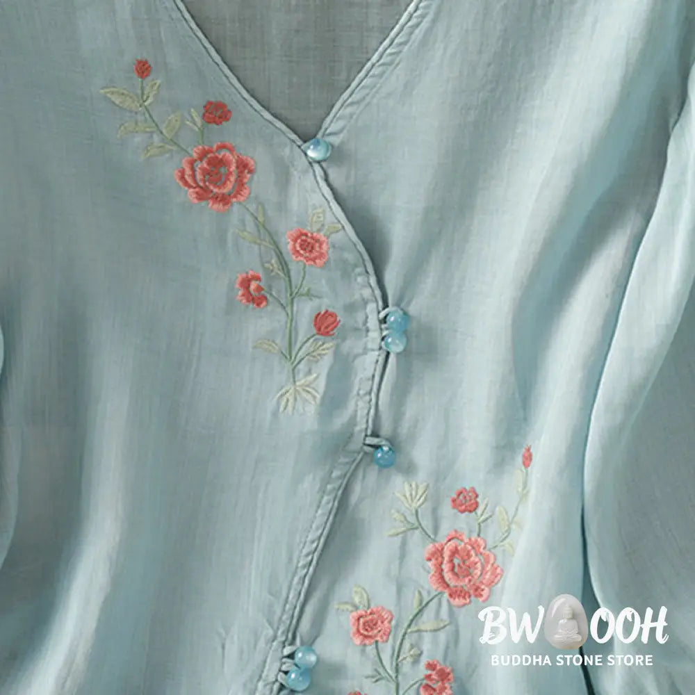 Buddha Stones Embroidered Flowers Cotton Women’s V-neck Shirt - Women’s Shirts