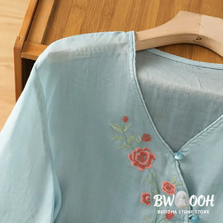 Buddha Stones Embroidered Flowers Cotton Women’s V-neck Shirt - Women’s Shirts