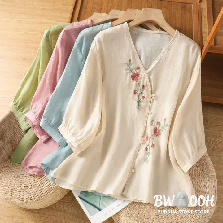 Buddha Stones Embroidered Flowers Cotton Women’s V-neck Shirt - Women’s Shirts