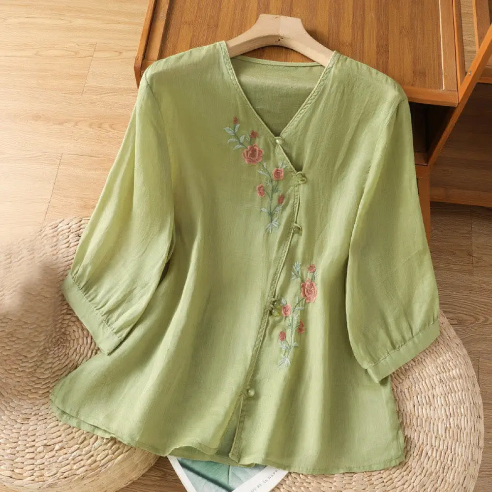 Buddha Stones Embroidered Flowers Cotton Women’s V-neck Shirt - YellowGreen / US4，UK/AU8，EU36 (M) - Women’s Shirts