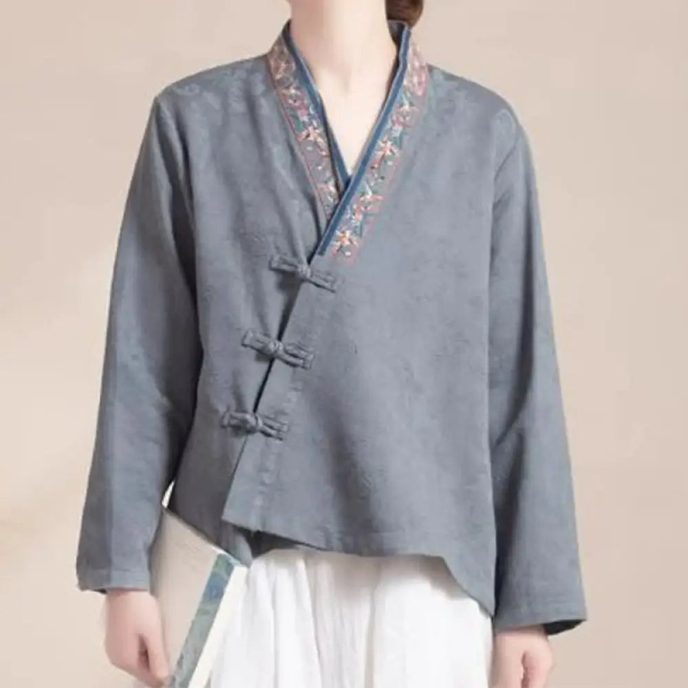 Buddha Stones Embroidered Flowers Grass Frog-Button Long Sleeve Cotton Women’s Shirt - Gray / US2，UK/AU6，EU34 (L)