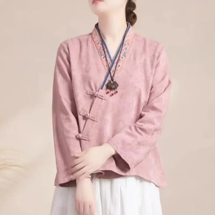 BWOOOH Embroidered Flowers Grass Frog-Button Long Sleeve 