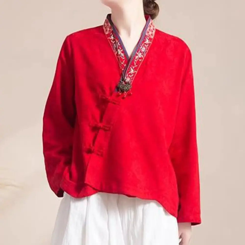 Buddha Stones Embroidered Flowers Grass Frog-Button Long Sleeve Cotton Women’s Shirt - Red / US2，UK/AU6，EU34 (L)