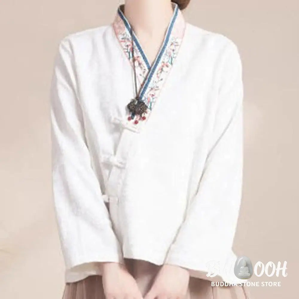 Buddha Stones Embroidered Flowers Grass Frog-Button Long Sleeve Cotton Women’s Shirt - Women’s Shirts