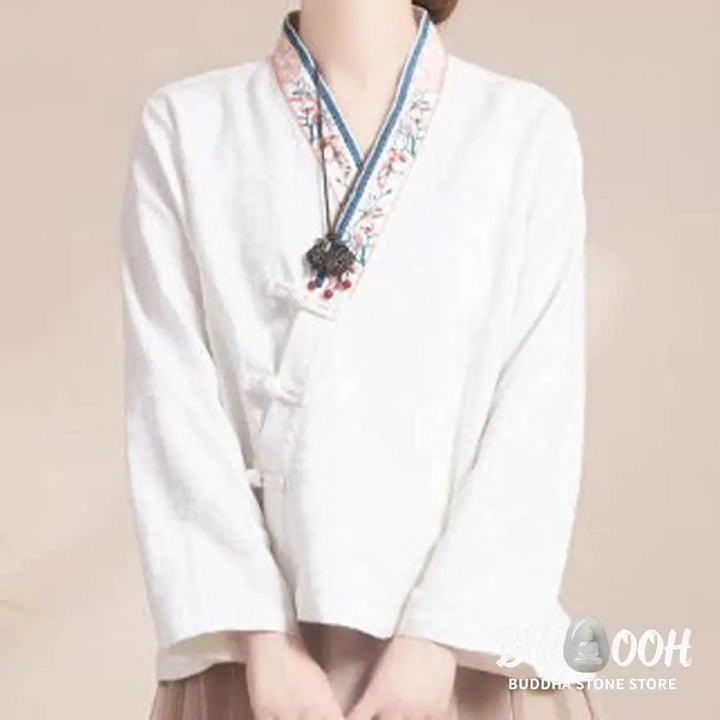 Buddha Stones Embroidered Flowers Grass Frog-Button Long Sleeve Cotton Women’s Shirt - Women’s Shirts