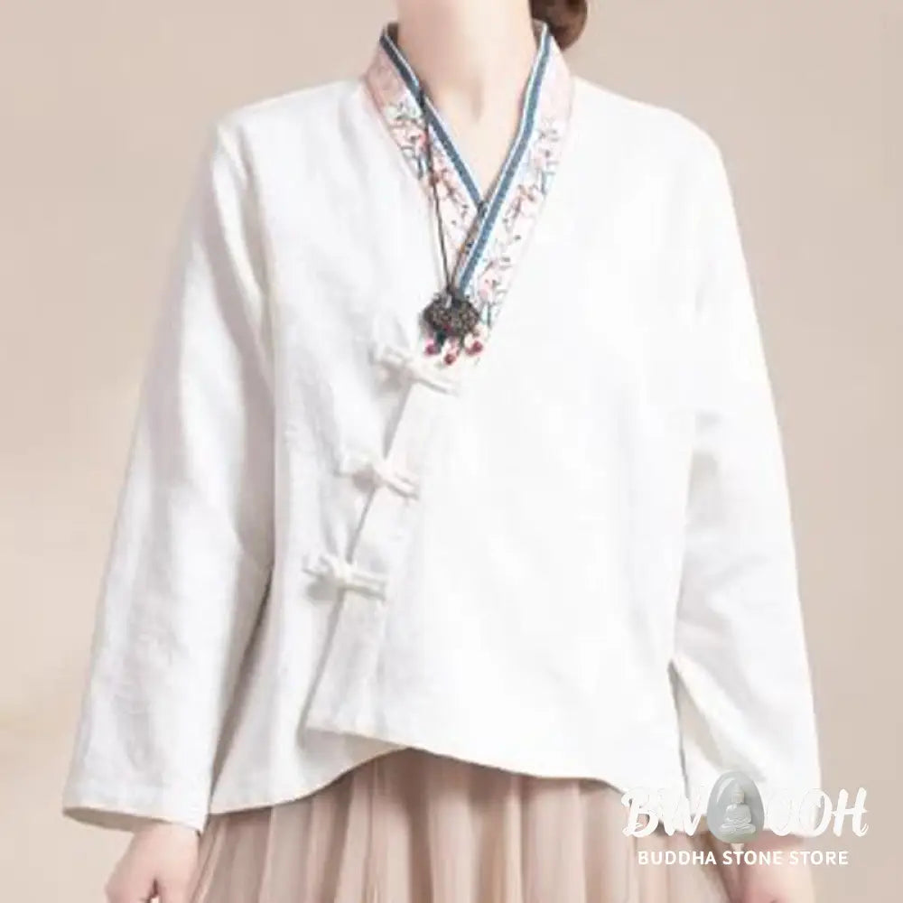 Buddha Stones Embroidered Flowers Grass Frog-Button Long Sleeve Cotton Women’s Shirt - Women’s Shirts