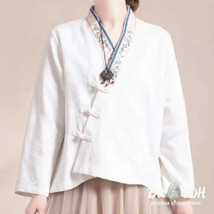 Buddha Stones Embroidered Flowers Grass Frog-Button Long Sleeve Cotton Women’s Shirt - Women’s Shirts