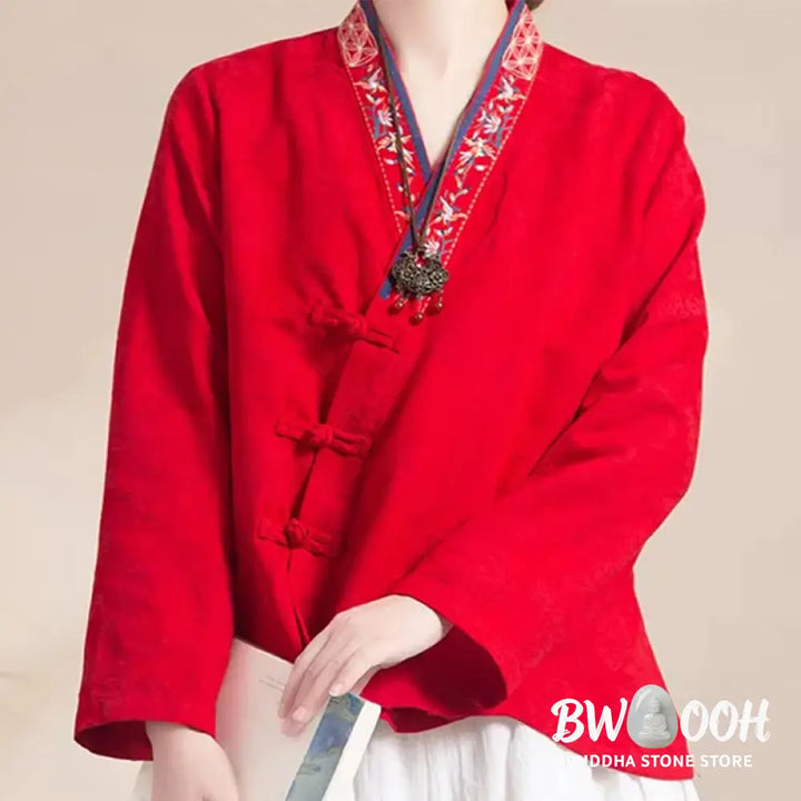 Buddha Stones Embroidered Flowers Grass Frog-Button Long Sleeve Cotton Women’s Shirt - Women’s Shirts