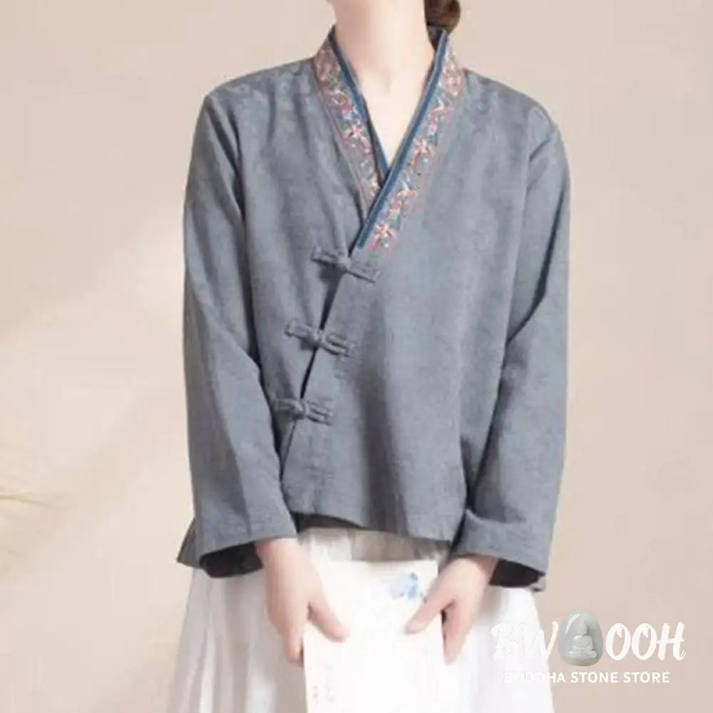 Buddha Stones Embroidered Flowers Grass Frog-Button Long Sleeve Cotton Women’s Shirt - Women’s Shirts