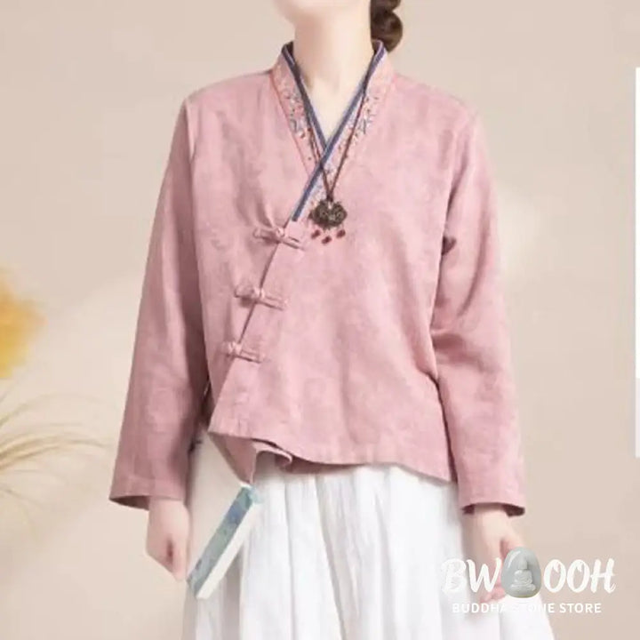 Buddha Stones Embroidered Flowers Grass Frog-Button Long Sleeve Cotton Women’s Shirt - Women’s Shirts