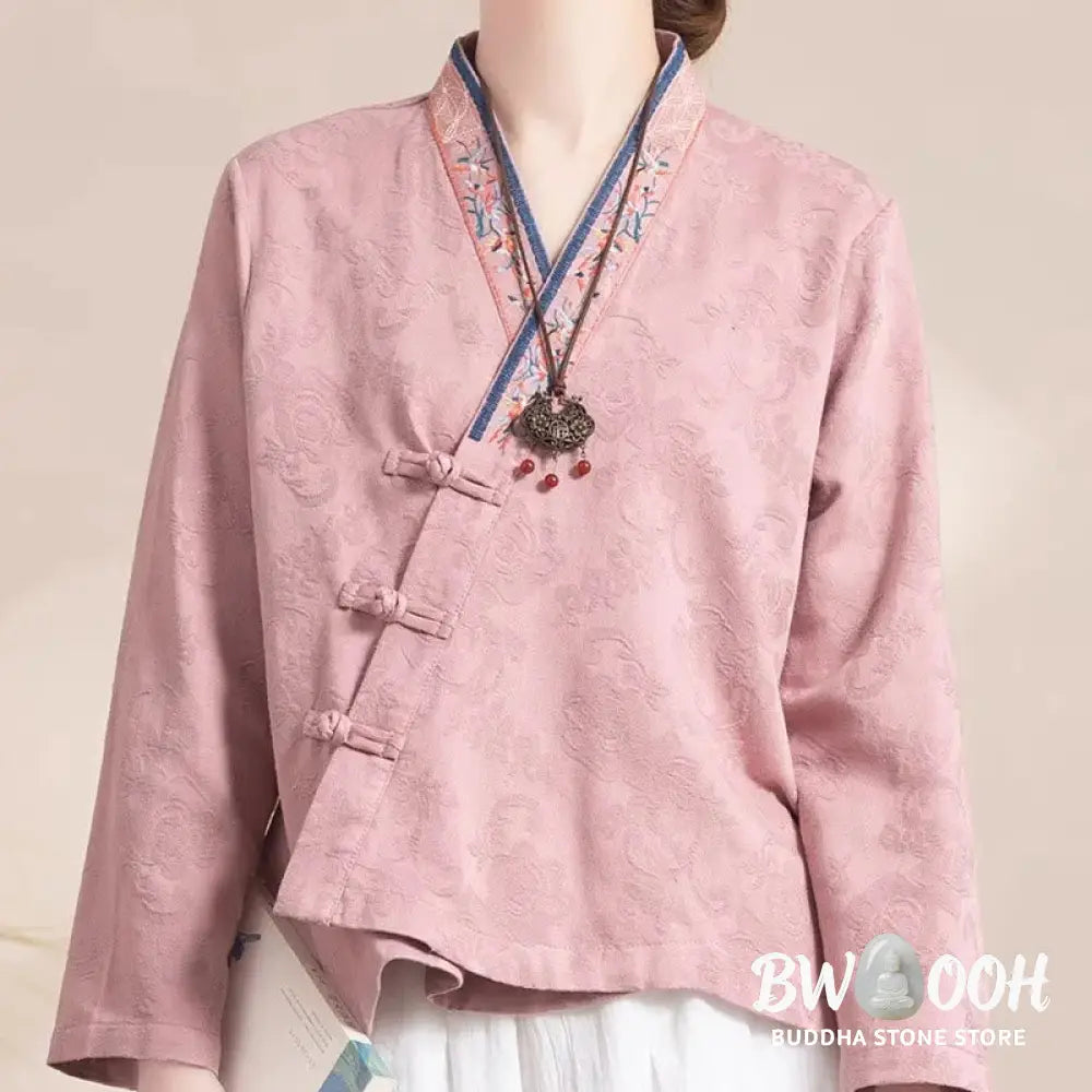 Buddha Stones Embroidered Flowers Grass Frog-Button Long Sleeve Cotton Women’s Shirt - Women’s Shirts
