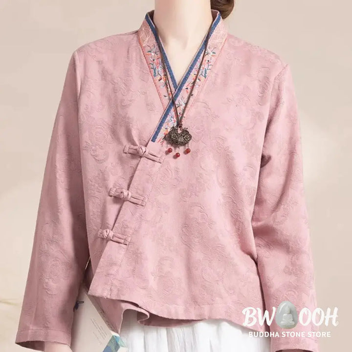 Buddha Stones Embroidered Flowers Grass Frog-Button Long Sleeve Cotton Women’s Shirt - Women’s Shirts
