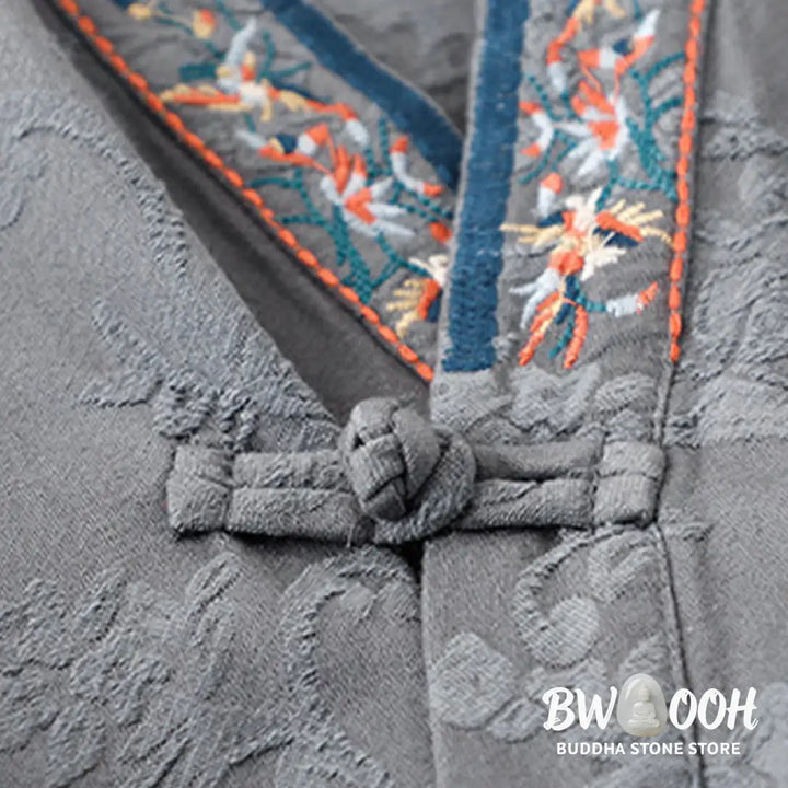 Buddha Stones Embroidered Flowers Grass Frog-Button Long Sleeve Cotton Women’s Shirt - Women’s Shirts
