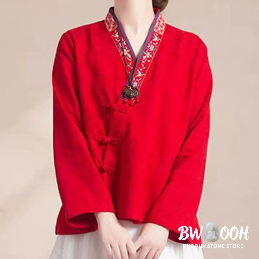 Buddha Stones Embroidered Flowers Grass Frog-Button Long Sleeve Cotton Women’s Shirt - Women’s Shirts