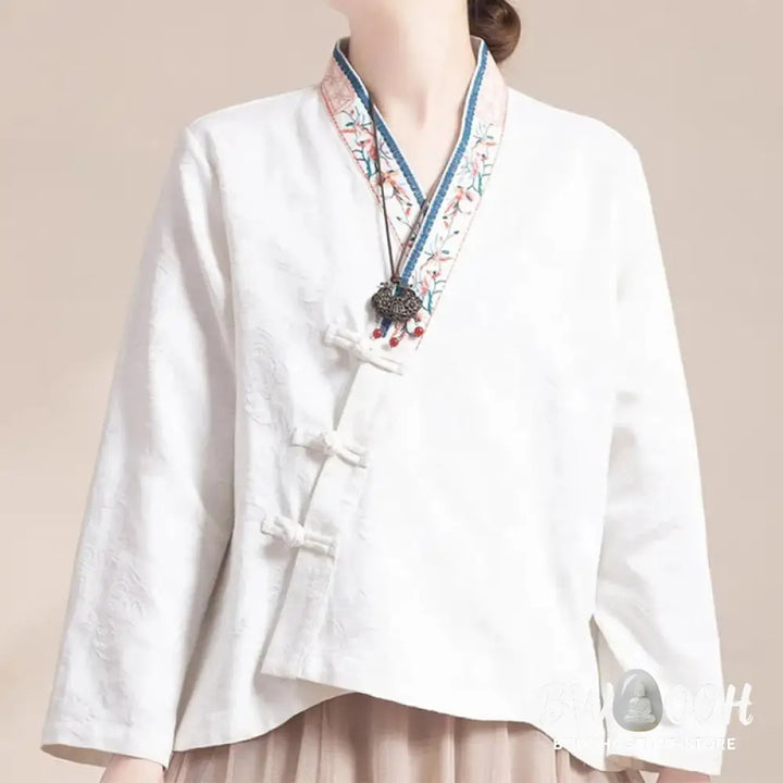 Buddha Stones Embroidered Flowers Grass Frog-Button Long Sleeve Cotton Women’s Shirt - Women’s Shirts