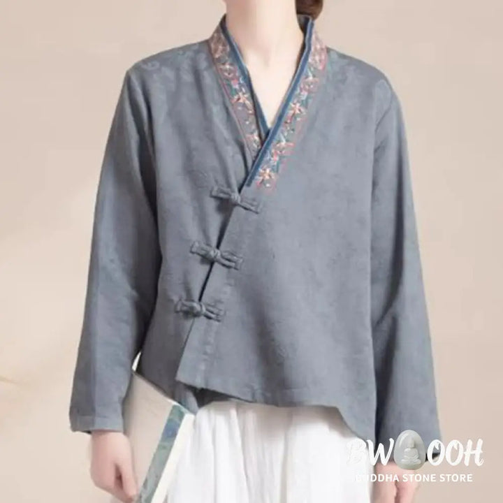 Buddha Stones Embroidered Flowers Grass Frog-Button Long Sleeve Cotton Women’s Shirt - Women’s Shirts