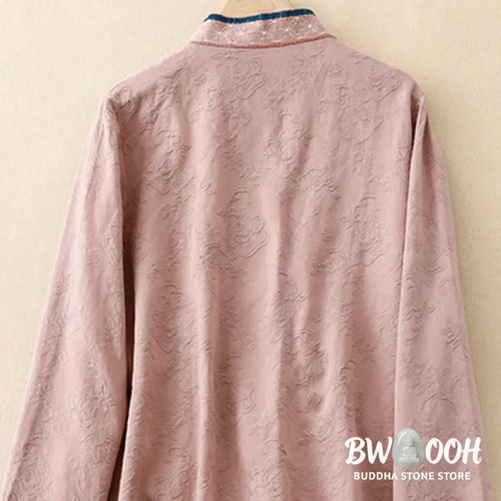 Buddha Stones Embroidered Flowers Grass Frog-Button Long Sleeve Cotton Women’s Shirt - Women’s Shirts