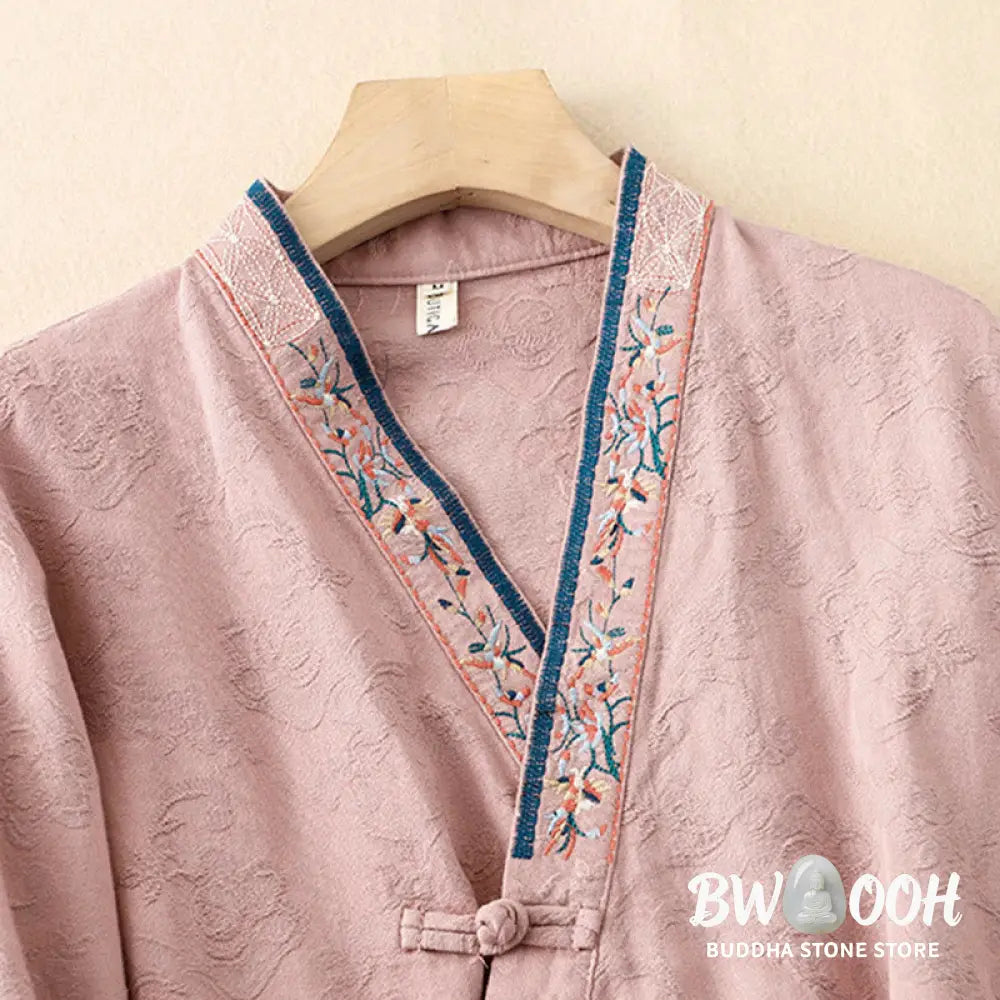 Buddha Stones Embroidered Flowers Grass Frog-Button Long Sleeve Cotton Women’s Shirt - Women’s Shirts