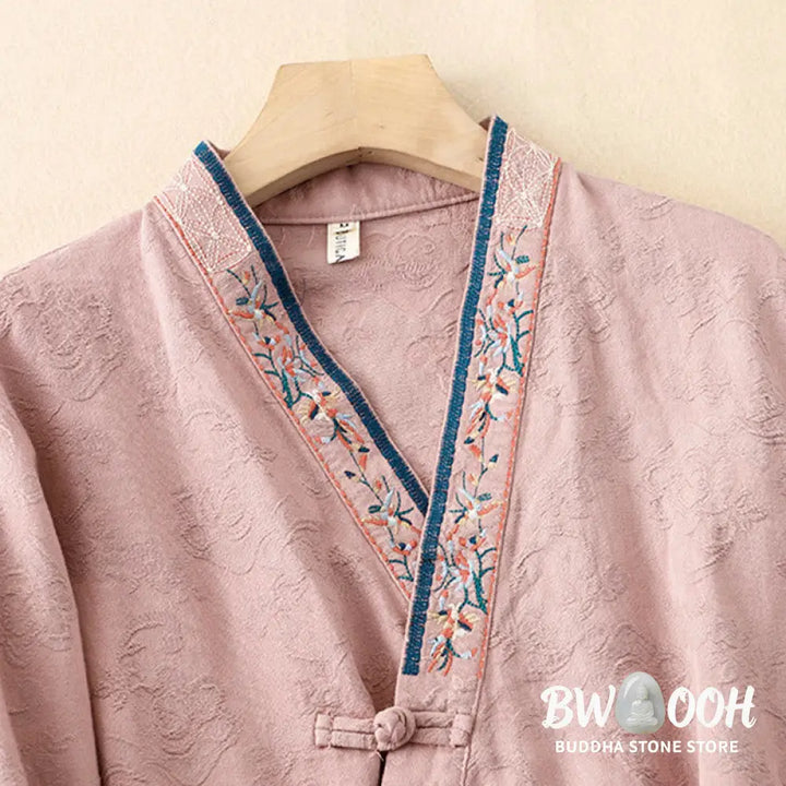 Buddha Stones Embroidered Flowers Grass Frog-Button Long Sleeve Cotton Women’s Shirt - Women’s Shirts
